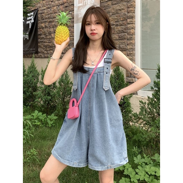 Quần Yếm Denim Ngắn Ống Rộng Dễ Thương Thời Trang Mùa Hè 2022 Dành Cho Bạn Nữ