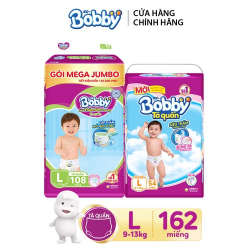 Combo Tã quần Bobby bịch Mega Jumbo + Super Jumbo đủ size M186/L162/XL144/XXL132