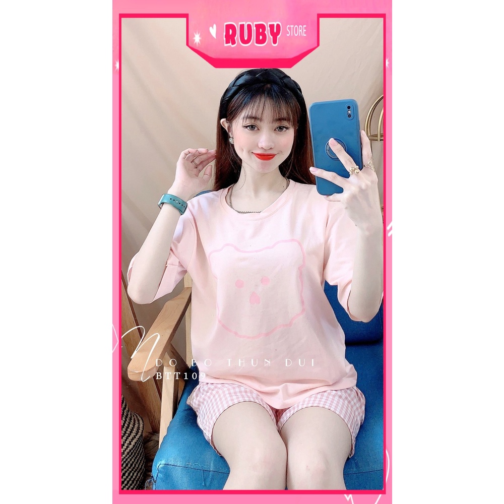 Đồ bộ nữ mặc nhà chất thun mềm mịn mát in hình gấu phối quần caro dễ thương BTT109