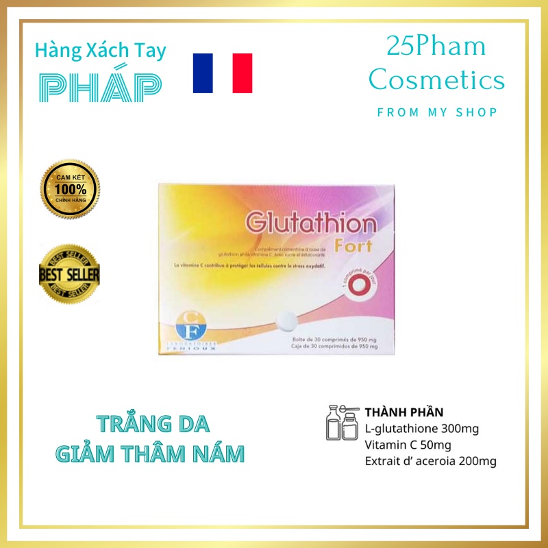 Viên ngậm trắng da Glutathione Fort Pháp 1hộp sử dụng 30 ngày