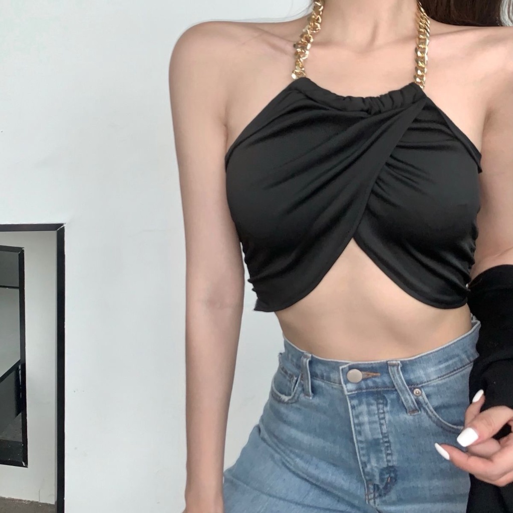 Jiashucheng Áo Hai Dây Dạng Ống Nhỏ Màu Đen Phối Dây Xích Phong Cách Âu Mỹ Quyến Rũ Dành Cho Nữ Mặc Ngoài Trời