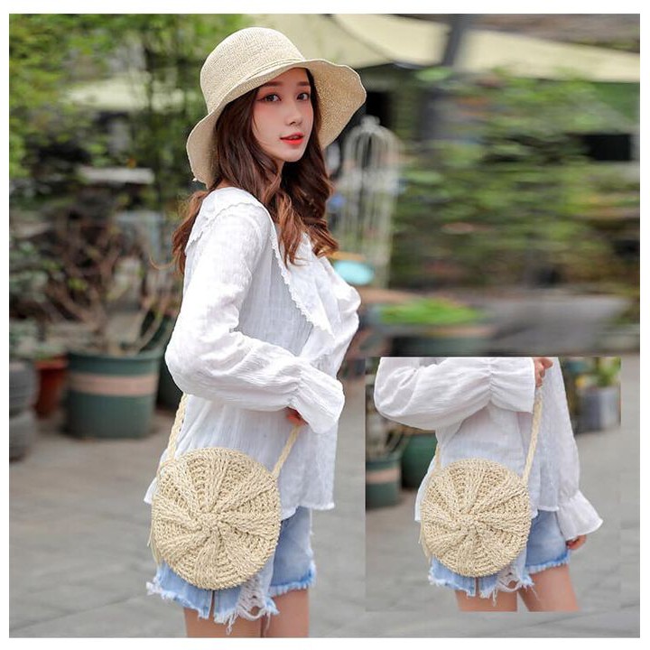 [NowShip - Giao Ngay] Túi Cói Boho Vintage Đeo Vai, Đeo Chéo Hình Tròn Dây Da Màu Nâu Be Trơn