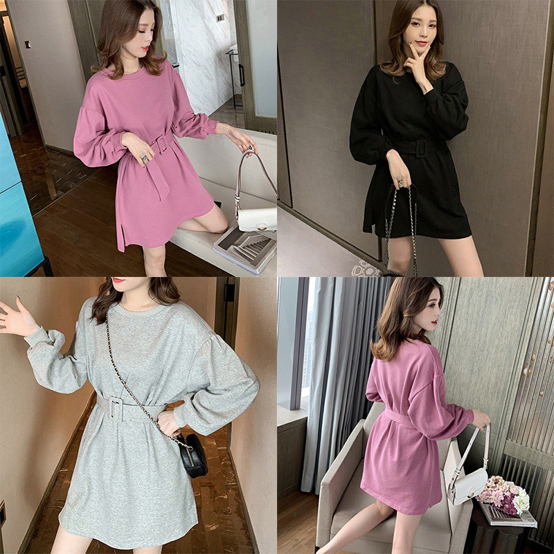 Đầm tay dài cổ tròn màu trơn phong cách Hàn Quốc