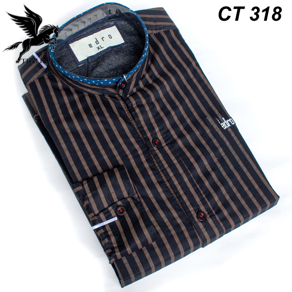 áo cổ trụ nam sơ mi sọc kẻ vải cotton mềm mát loại áo sơ mi nam cổ tàu form slimfit ASMCTD01 | BigBuy360 - bigbuy360.vn