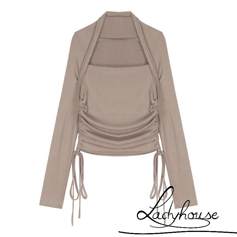 LDD-Women Long Sleeve Tops with Adjustable Drawstring, Solid Color Skinny Version Navel Clothing