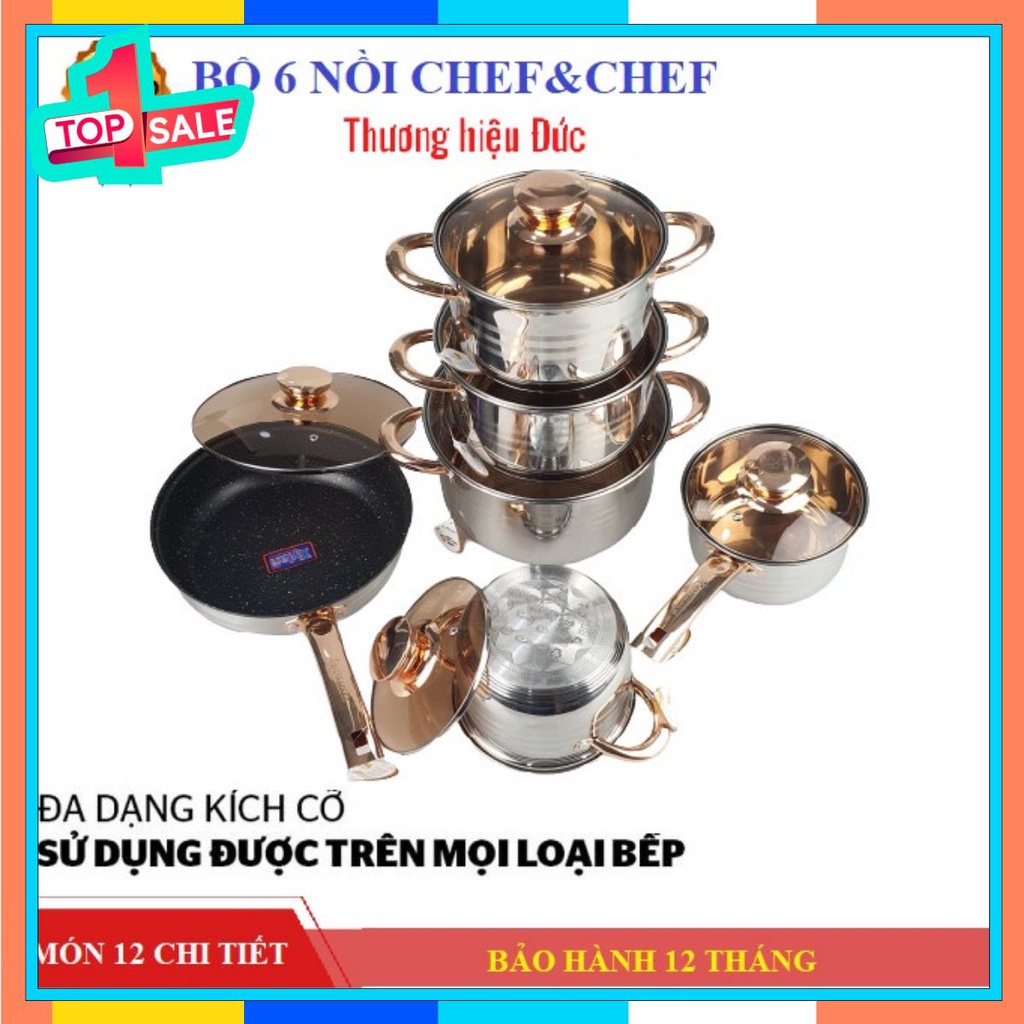 BỘ NỒI 5 ĐÁY TỪ CHEF&amp;CHEF 6 MÓN 12 CHI TIẾT CÓ VUNG KÍNH