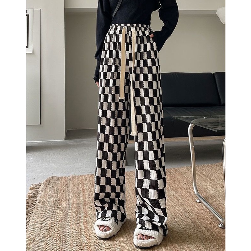 Quần dài IELGY eo cao in họa tiết caro thời trang cho nữ