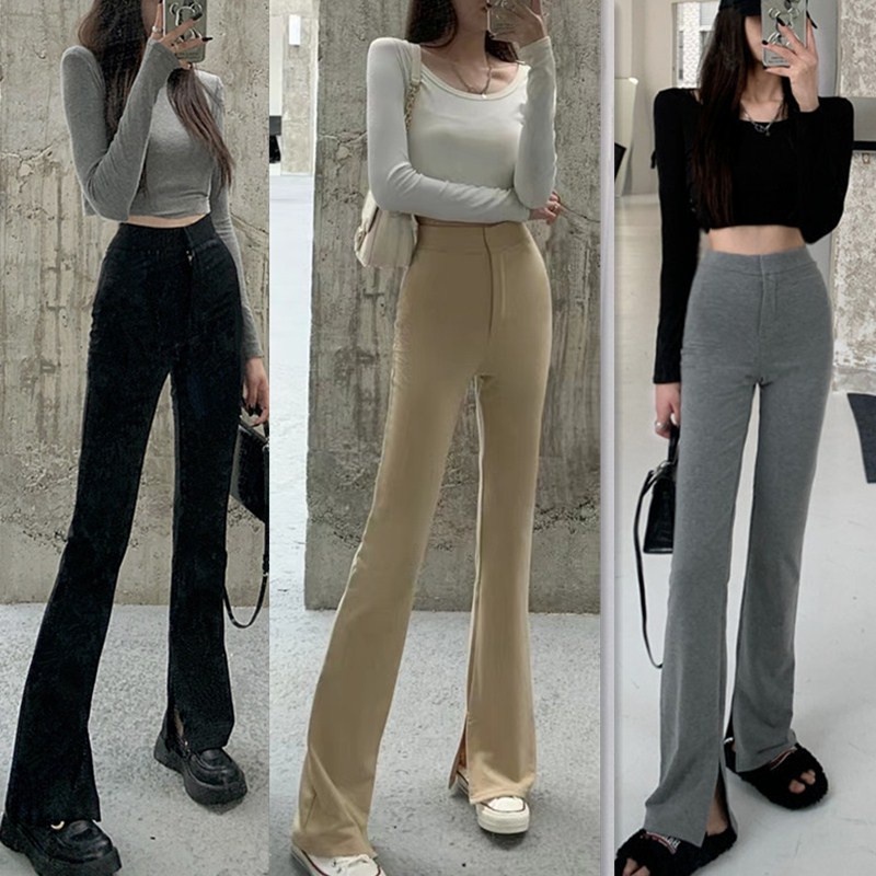 Quần dài sát đất ống thẳng xẻ tà lưng cao dáng rộng thời trang thu đông dành cho bạn nữ