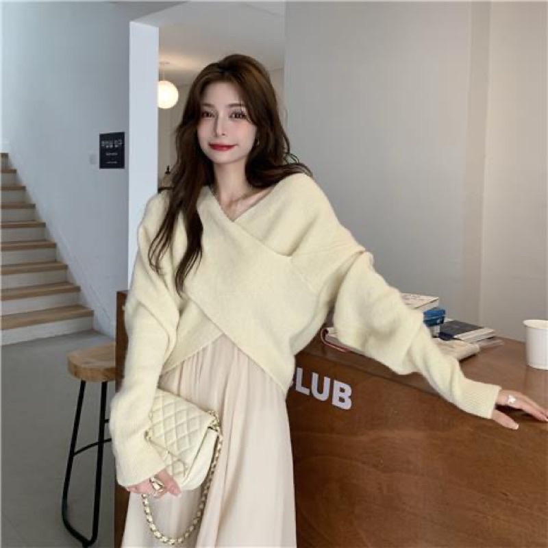 Set áo len X trễ vai + chân váy voan ulzzang điệu đà