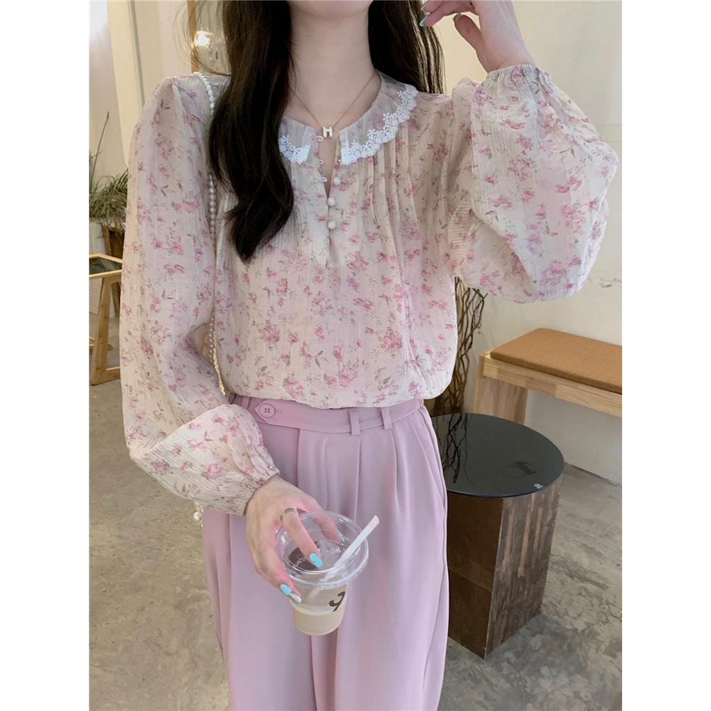 Áo Voan Hoa Dài Tay Phối Ren Xinh Xắn 63069