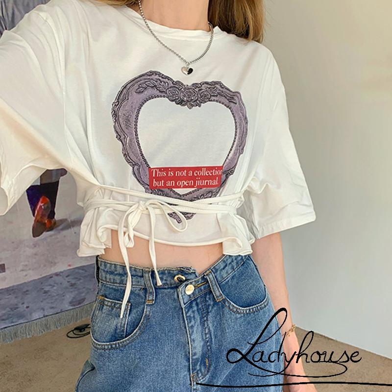 Áo Croptop Cổ Tròn Tay Ngắn In Họa Tiết Trái Tim Thời Trang Mùa Hè Cho Nữ