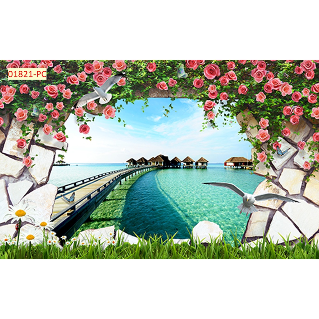 Tranh dán tường 3d thác nước rừng cây thiên nhiên