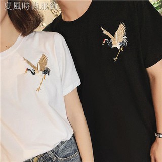 Áo thun tay ngắn thêu hình chim hạc dễ thương