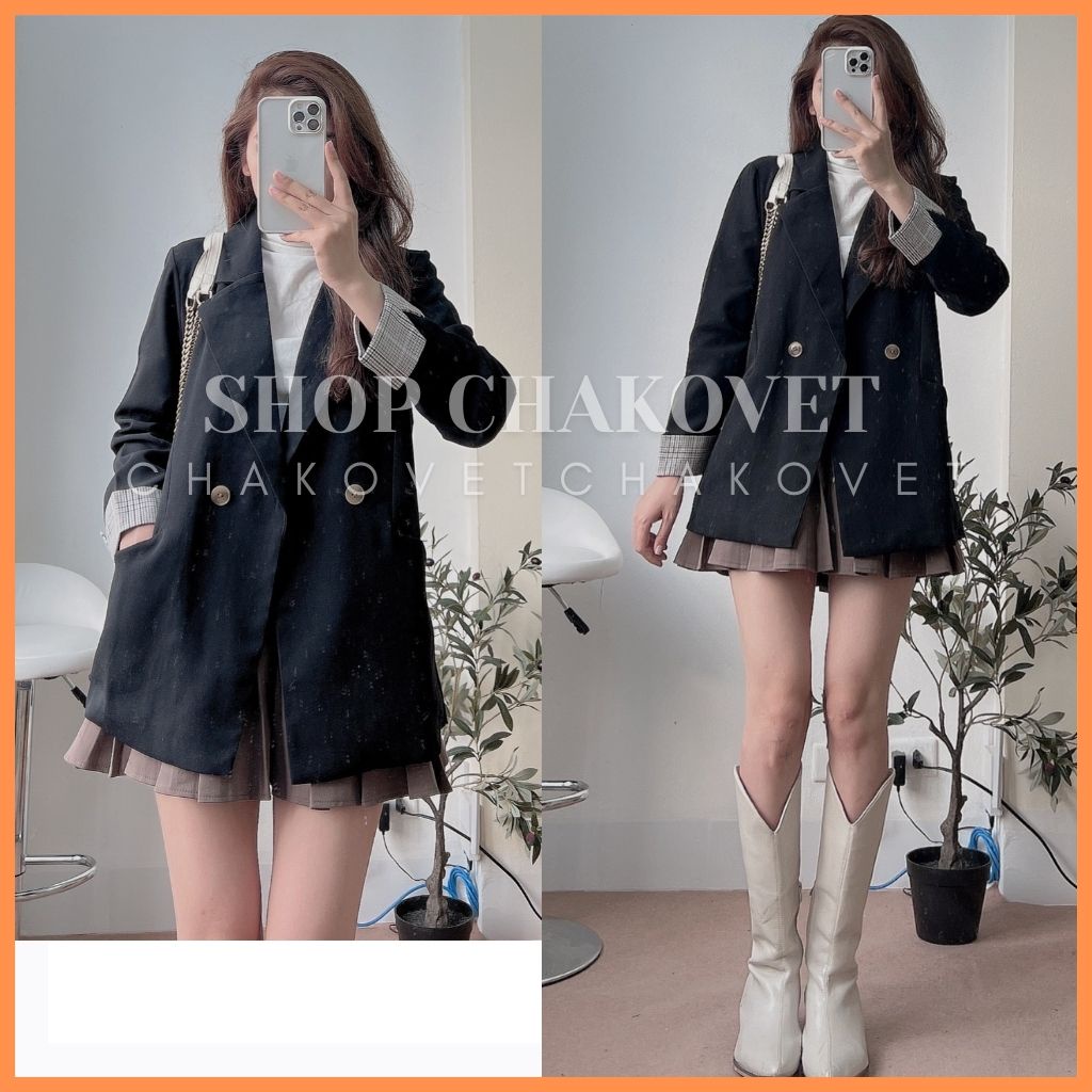 Áo blazer nữ 2 lớp khoác ngoài tay pha kẻ AB8129, kiểu áo cổ vest 2 cúc 2 túi thật style hàn quốc mix được nhiều đồ | BigBuy360 - bigbuy360.vn