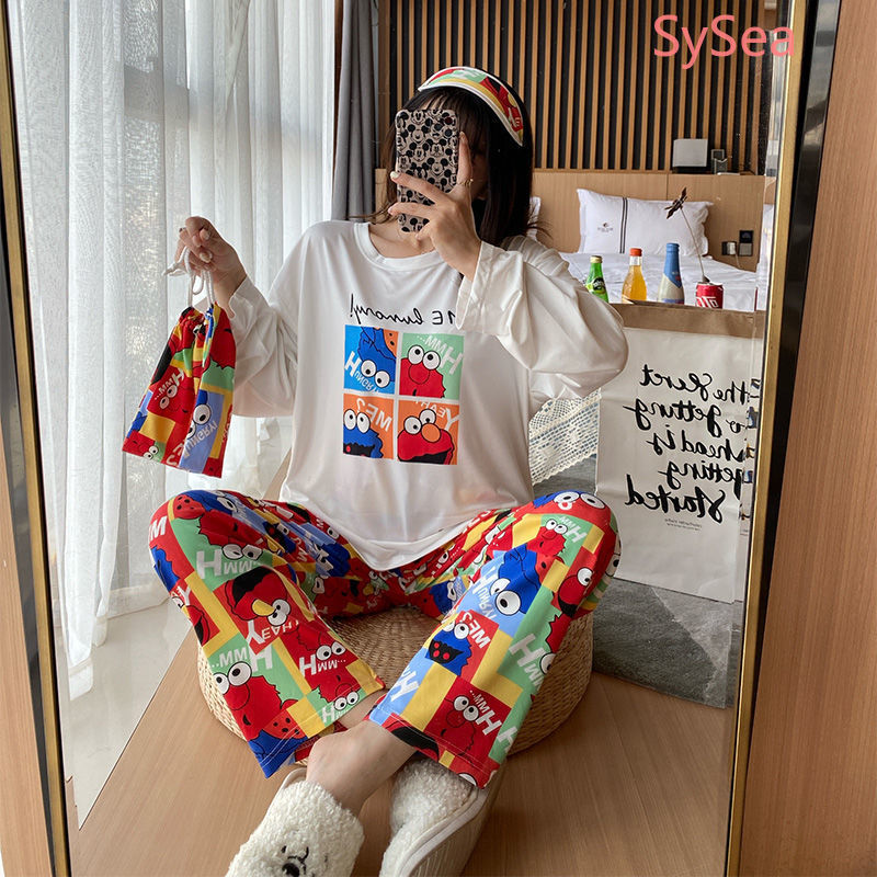 Bộ đồ ngủ tay dài dáng rộng in họa tiết hoạt hình phong cách Hàn Quốc đáng yêu cho nữ