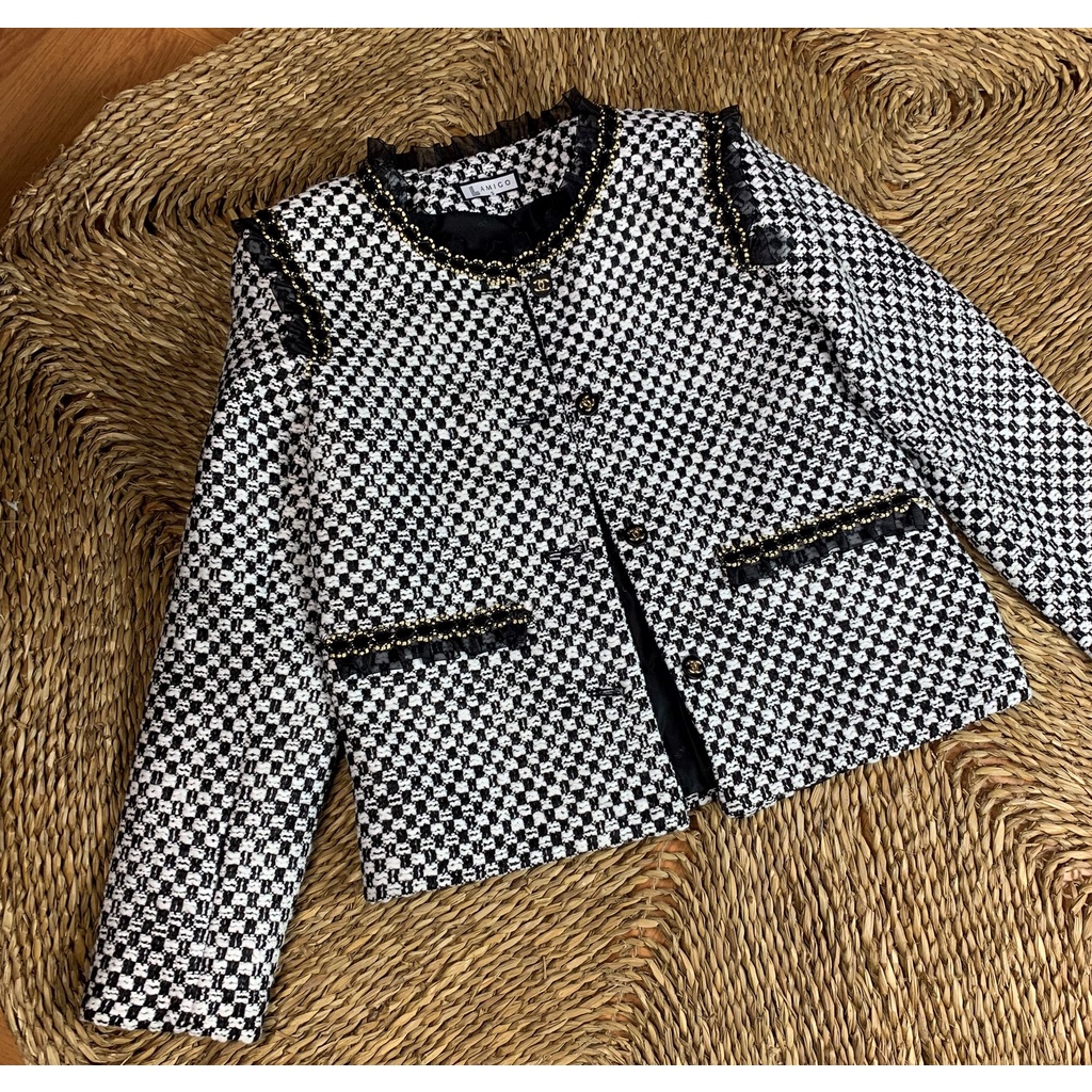 Áo dạ tweed đen trắng viền bèo - áo dạ tweed dáng ngắn 128