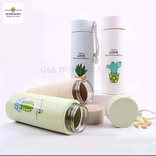 Bình Giữ Nhiệt Bình Nước In Hình Sương Rồng 450ml - Lõi Thủy Tinh Có Dây Sách