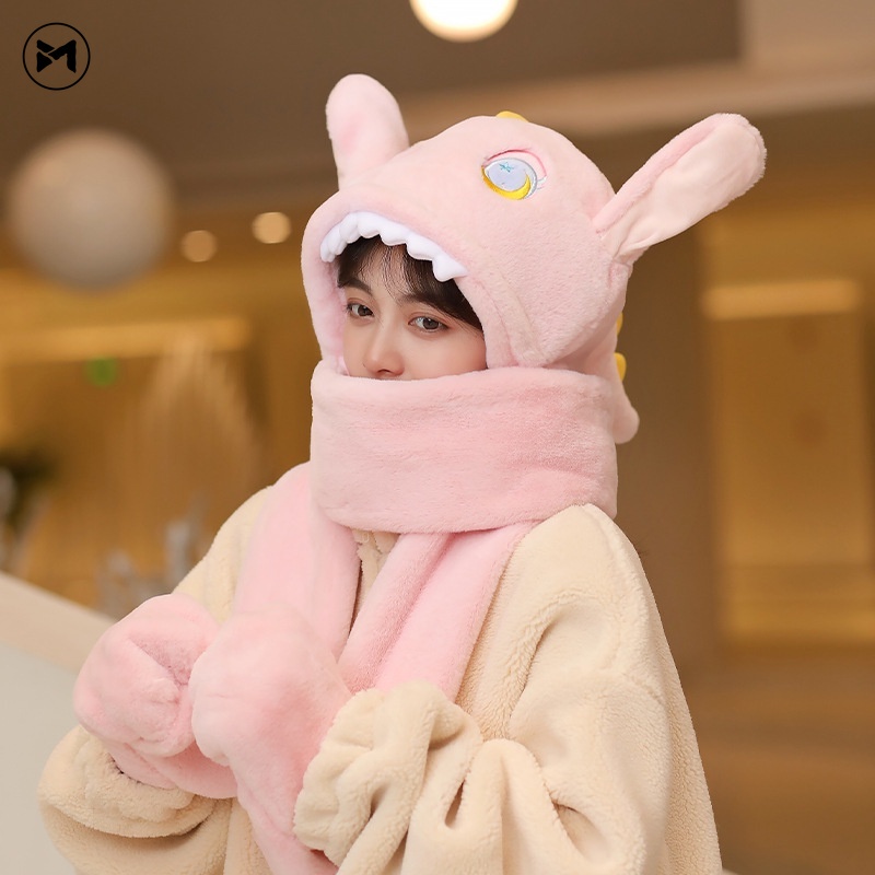 Bộ Đồ Chơi Thú Nhồi Bông Hình Khủng Long Dễ Thương Giữ Ấm Tai Và Khăn Choàng Cổ Dày Dặn