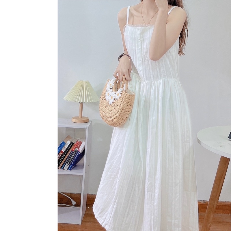 [Ảnh thật/Video]Đầm hai dây Mizu vintage phối ren trắng tiểu thư Váy 2 dây  cúc ngực dáng dài phù hợp đi dã ngoại