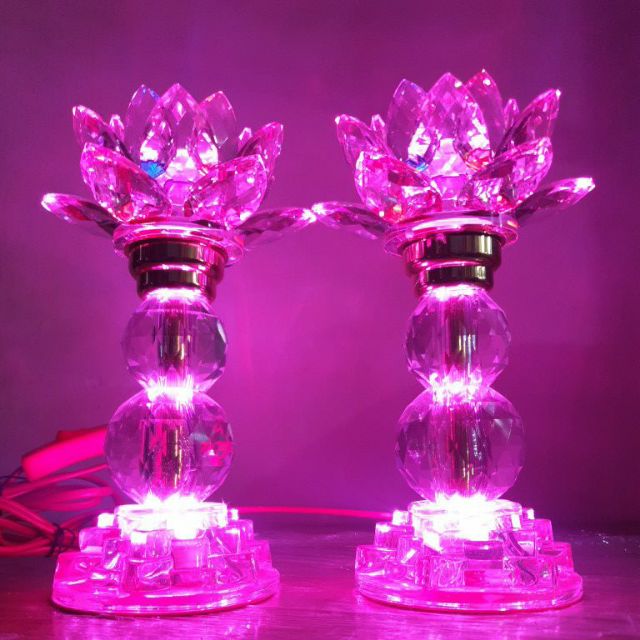 Cặp đèn thờ 7 màu hoa sen pha lê cao cấp mo1