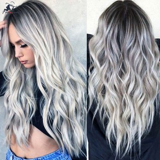Tóc Giả Xoăn Dài Nhuộm Màu Ombre Đen Xám Khói
