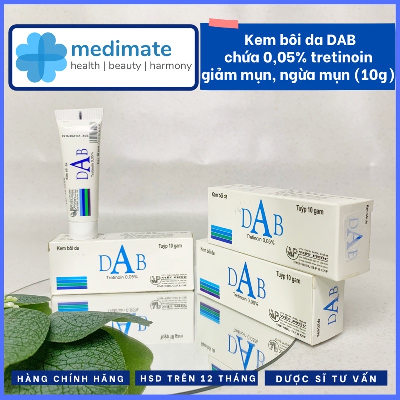 Kem bôi da DAB tretinoin 0,05% giảm mụn, giảm sạm da, sáng da (tuýp 10g)