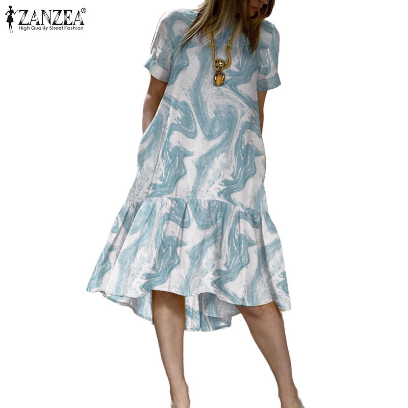 Đầm ZANZEA chữ A tay ngắn cổ tròn thời trang sành điệu dành cho phái nữ