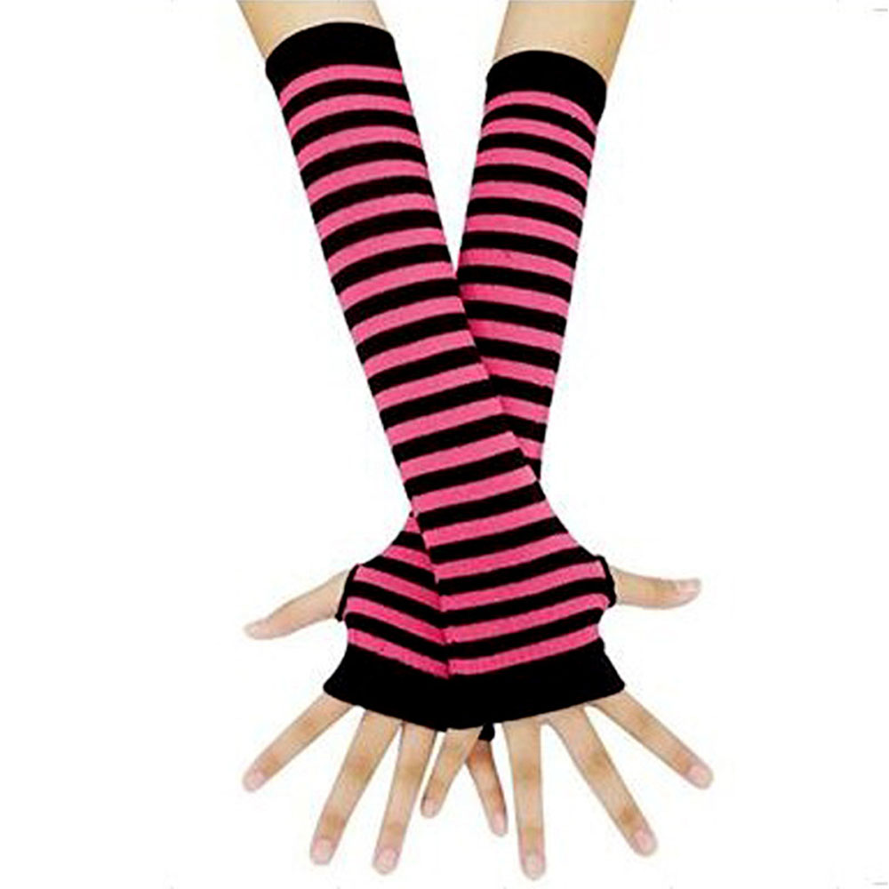 MOCHO Long Gloves Arm Warmers Fashion Hand Mitten Striped Glove Dew Finger Women Warm Mittens Comfortable Cotton Warm Winter Fingerless Gloves red/purple/black