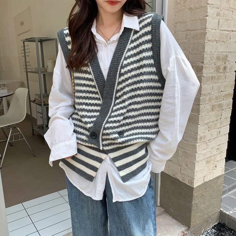 Áo Gile (Ghi lê) Len Kẻ Ngang 2 Cúc