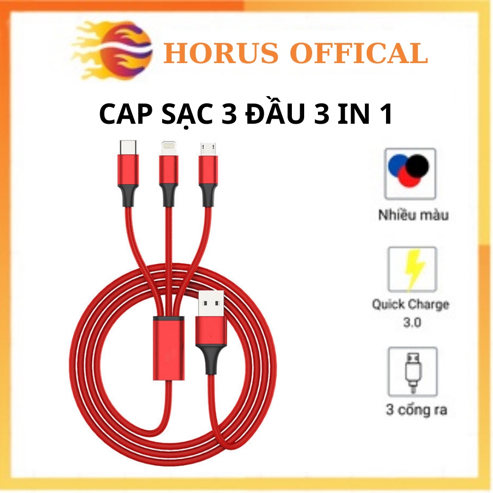 Dây Sạc điện thoại 3 in 1 Đầu Bọc Dù (Type C to Type C / Lightning/ Micro USB, Fast Charging & Data Cable )