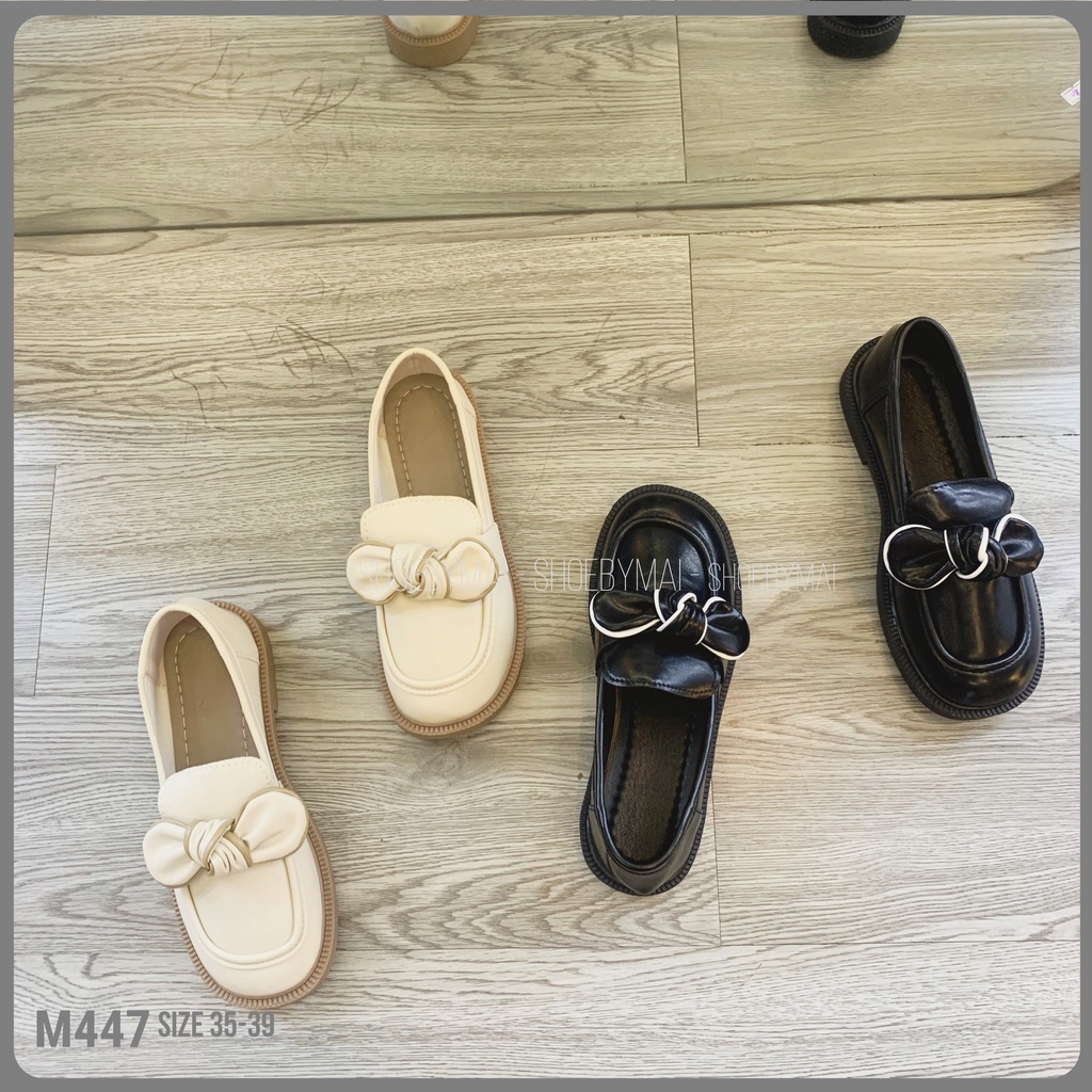 Giày đế bằng nơ Anh reto da lì mềm M447