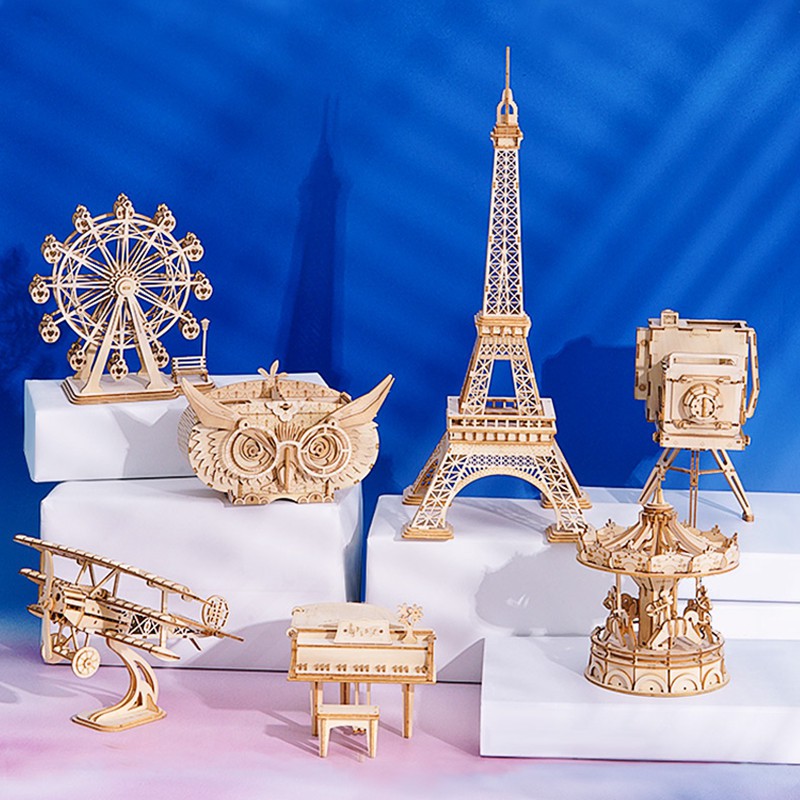 Tự Ráp Mô Hình Gỗ 3D Robotime Trưng Bày Piano, Đu Quay, Máy Đĩa Than, Tháp Eiffel, Pisa, Hộp Bút, Khinh Khí Cầu