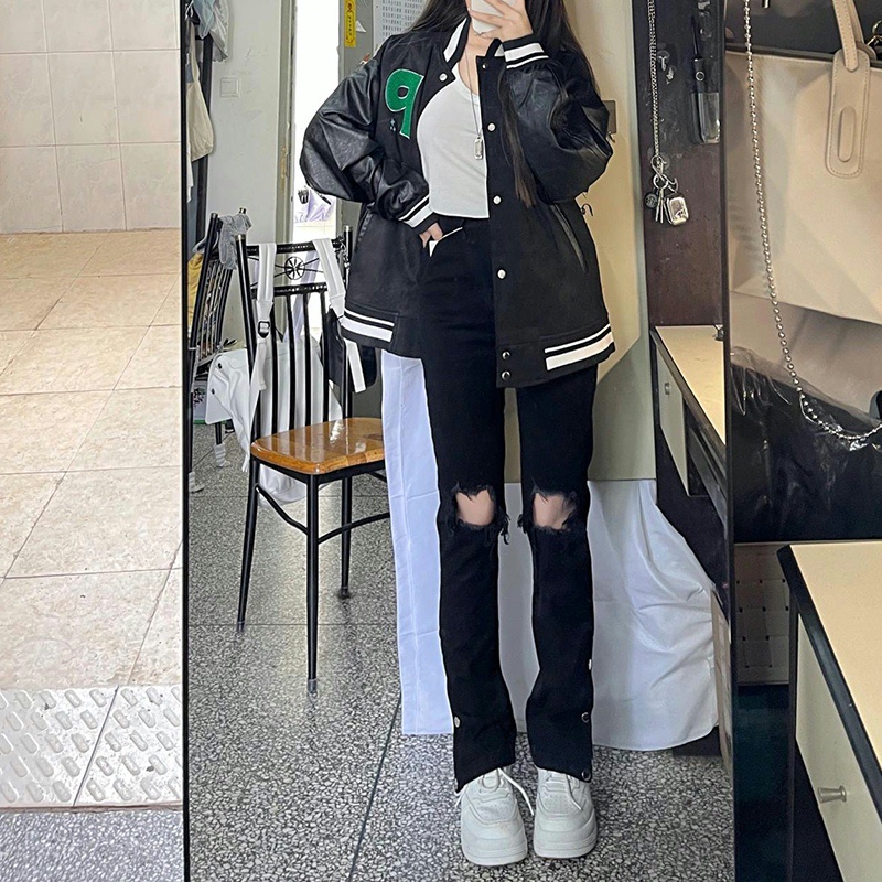 Xiaozhainv Quần Jean Ống Suông Xẻ Tà Thời Trang Retro Hàn Quốc Dành Cho Nữ