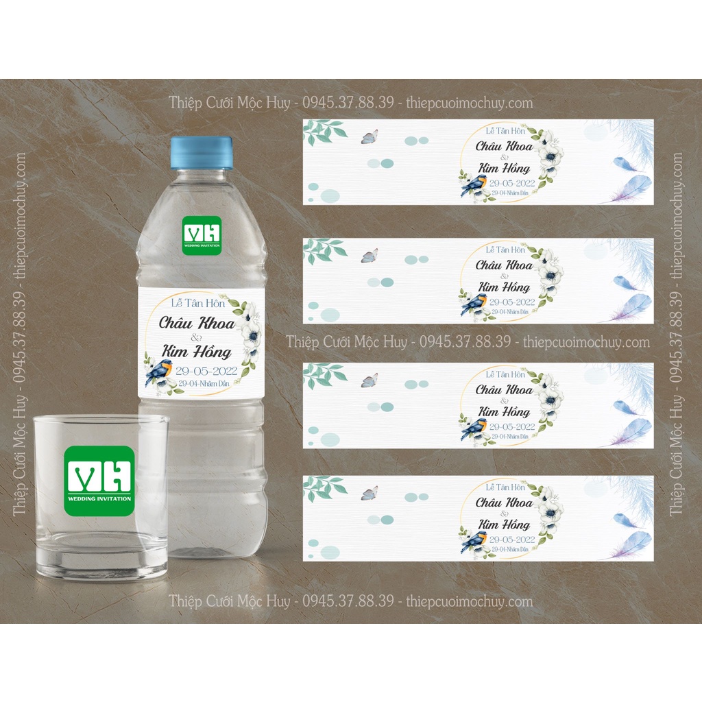 Combo 30 tem dán chai nước suối & 30 nơ nhỏ dán chai kèm theo