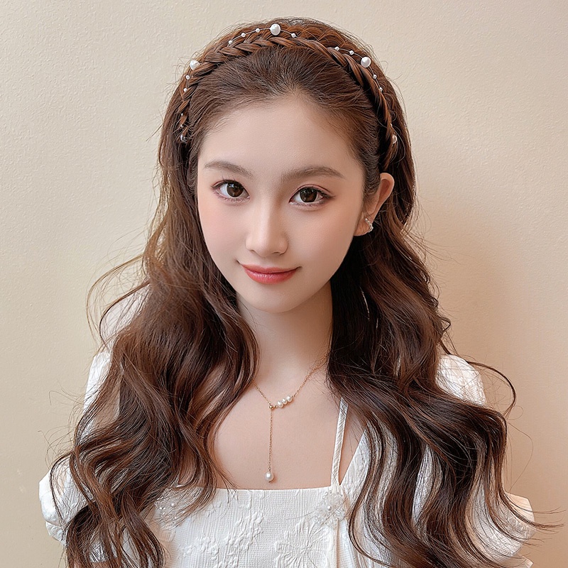 Băng Đô Kiểu Tóc Tết Đính Ngọc Trai Giả Bản Rộng Không Trượt Dành Cho Nữ