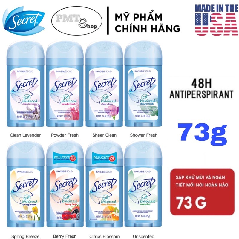 [USA] Lăn sáp khử mùi nữ Secret Invisible Solid 73g Ultimate Fresh Scent 4in1 | Paris Rose ngăn mồ hôi - Mỹ