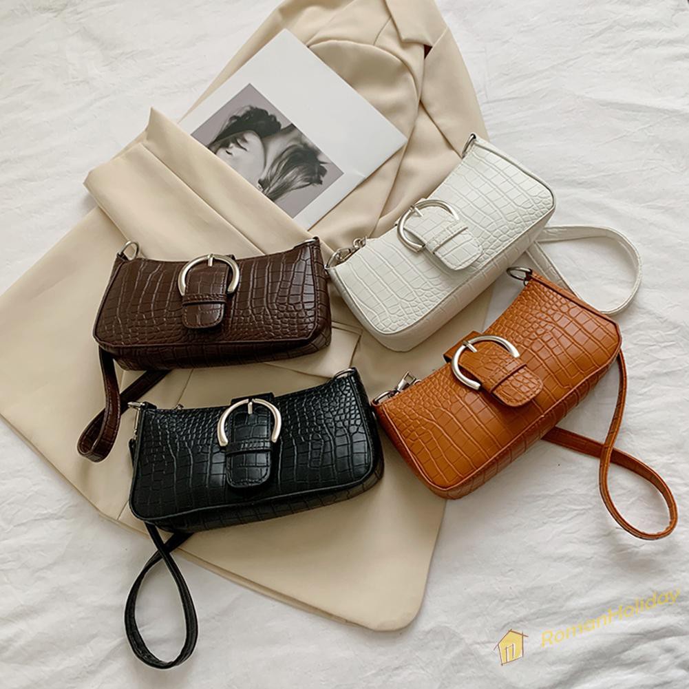 【On Sale】Vintage Women Alligator Pattern Pure Color PU Shoulder Underarm Bag Handbag