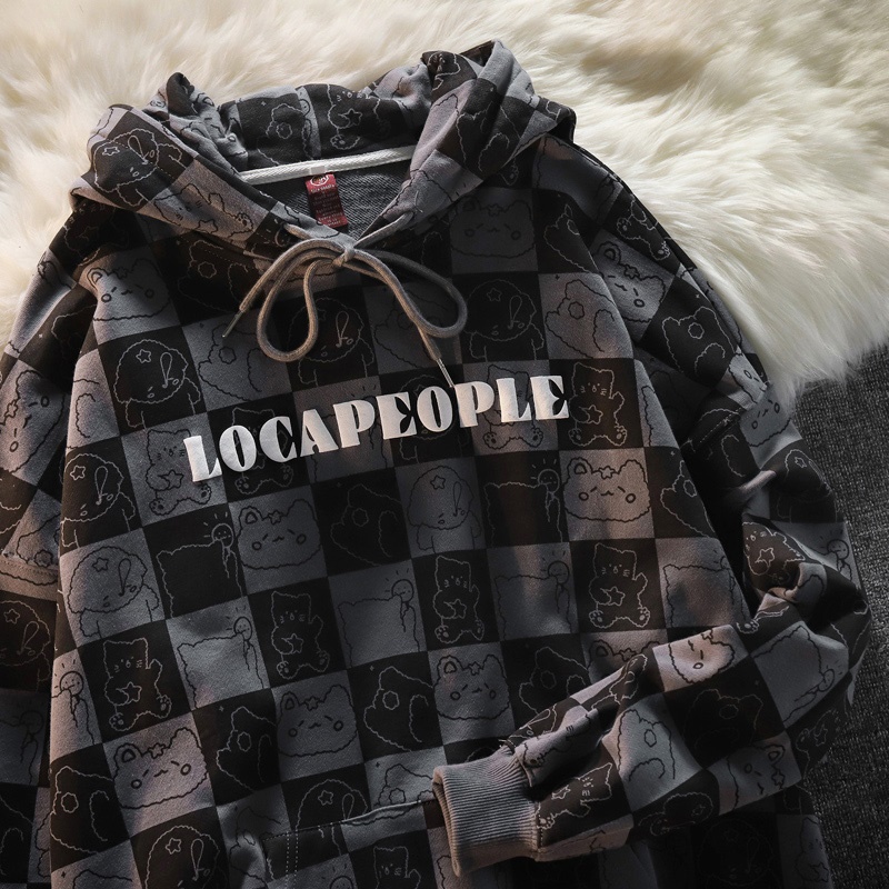 Xiaozhainv Áo Nỉ Hoodie Tay Dài Dáng Rộng In Họa Tiết Caro Phong Cách Retro 3 Màu Lựa Chọn | BigBuy360 - bigbuy360.vn