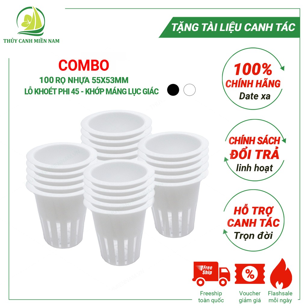 Bộ 100 rọ nhựa thủy canh 55*53mm - khoét lỗ 45mm màu trắng | Rọ Trồng Rau Thủy Canh Cho Máng Khoan Lỗ Sẵn