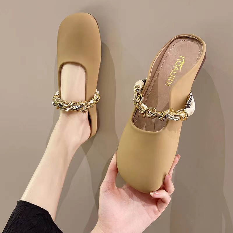 Dép xỏ ngón XIELUAIZTA đế thấp phối dây xích kim loại thời trang Hàn Quốc cho nữ