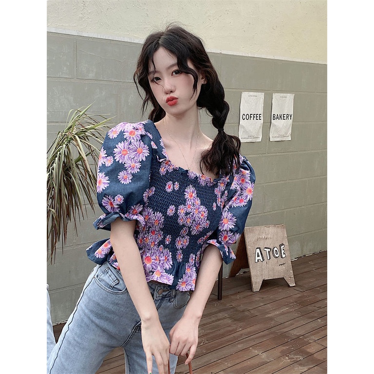 Áo Kiểu Tay Ngắn Phồng Cổ Vuông Họa Tiết Hoa Phong Cách Retro Phương Tây