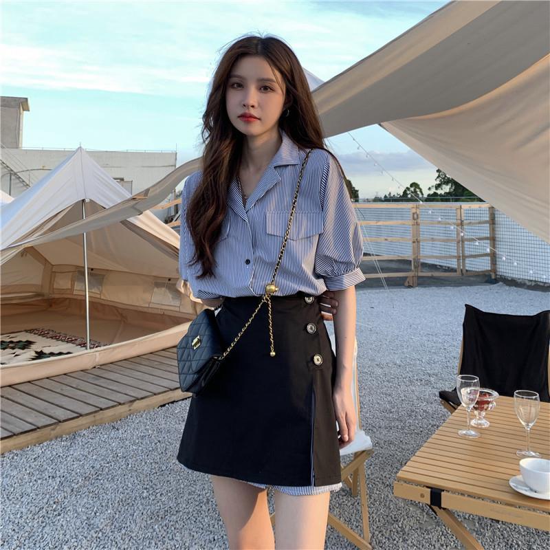 Váy sơ mi Set Áo Sơ Mi Ngắn Tay Form Rộng Và Chân Váy Phong Cách Retro Thời Trang Dành Cho Nữ