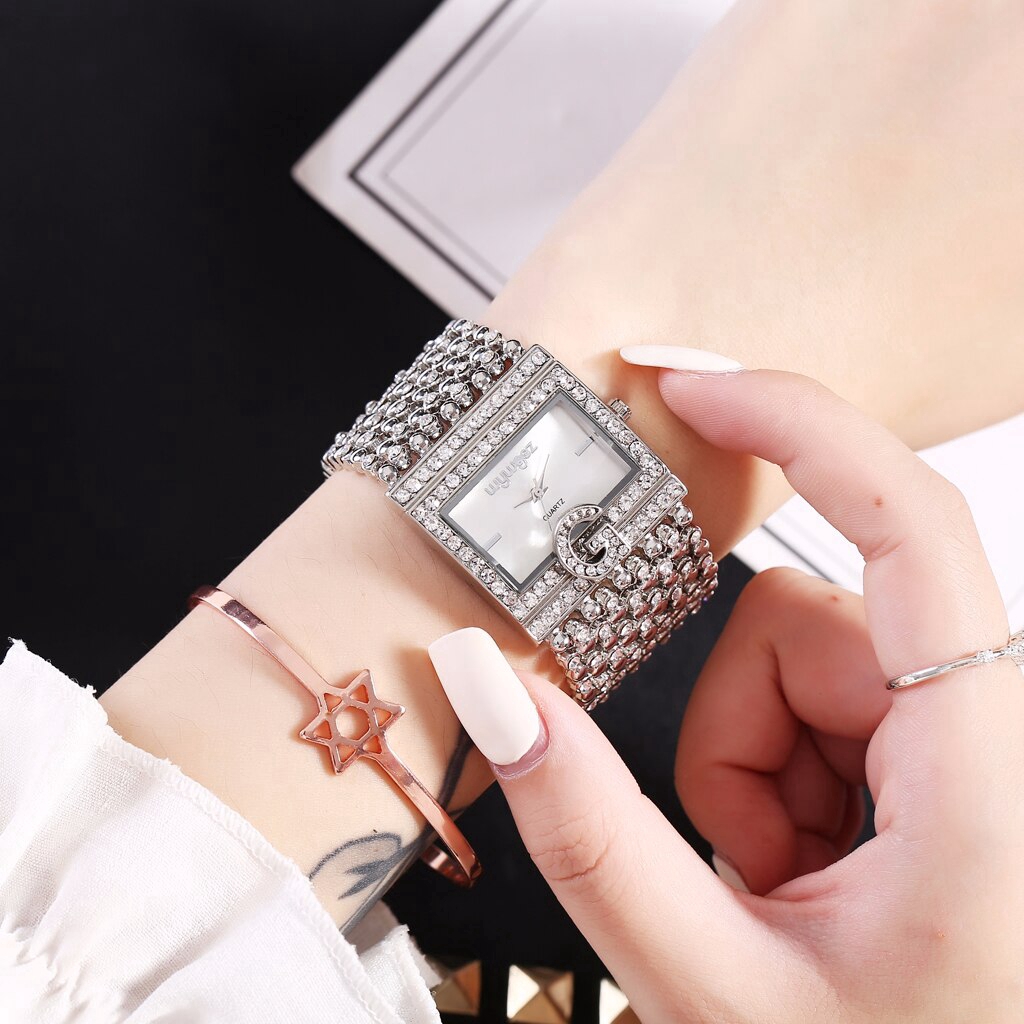 Đồng hồ đeo tay bộ máy thạch anh mặt dáng vuông đính đá lấp lánh dây đeo thép không gỉ sang trọng thời trang cho nữ