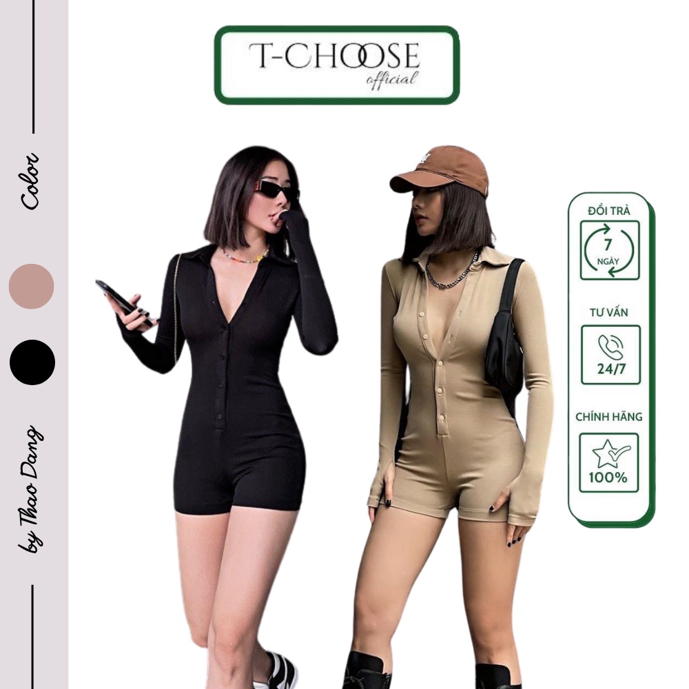 Set Tchoose, set jumpsuit tăm co dãn cúc ngực xỏ ngón - T385