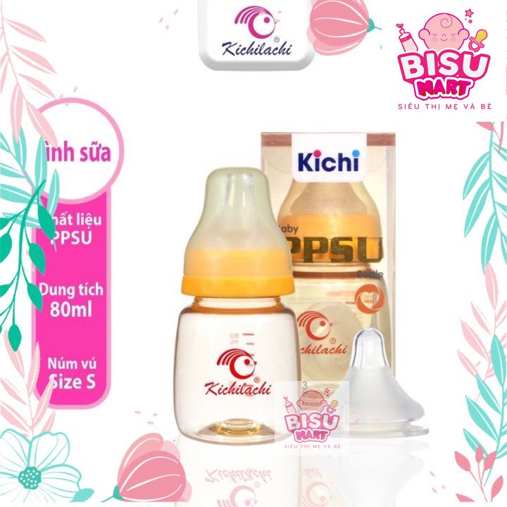 Bình sữa cổ hẹp Kichilachi cảm biến nhiệt PPSU cao cấp 80ml