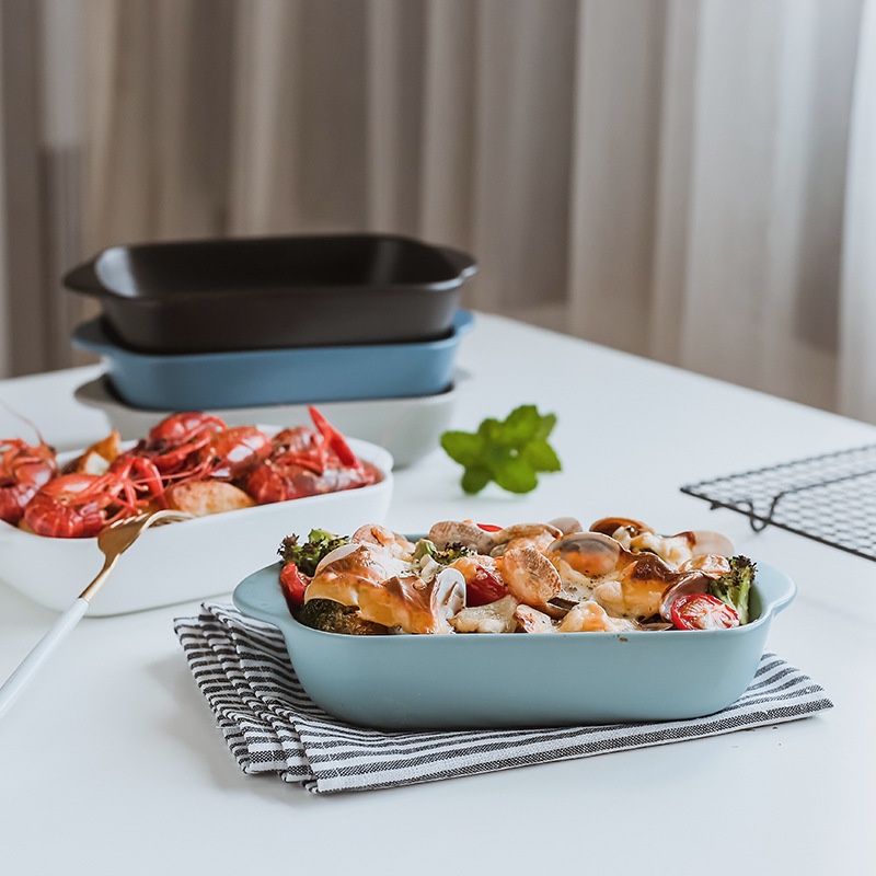 Hàng Sẵn (18*13.5*4cm) Khay chữ nhật sứ, Nướng Bánh,Chịu Nhiệt Đĩa nướng Kết cấu mờ đơn giản Chảo sứ hình chữ nhật cho lò vi sóng【Utah054】