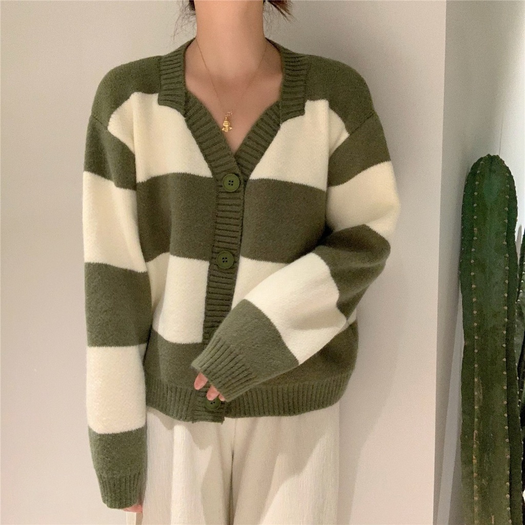 Áo cardigan ZHELIHANGFEI dệt kim tay dài cổ chữ V dáng rộng lưng cao hoạ tiết kẻ sọc cho nữ