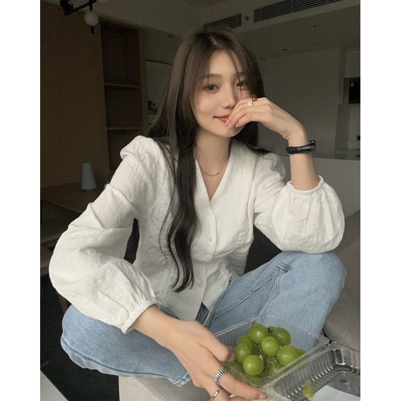 Áo sơ mi tay dài cổ chữ V thiết kế mới thời trang xinh xắn cho nữ