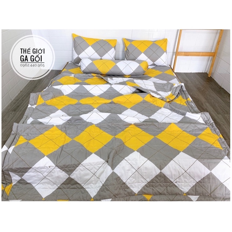 Bộ Drap Cotton Thắng lợi 100% hàng chuẩn có in Logo - Mẫu ô vuông vàng ( 1ga + 3 vỏ gối)