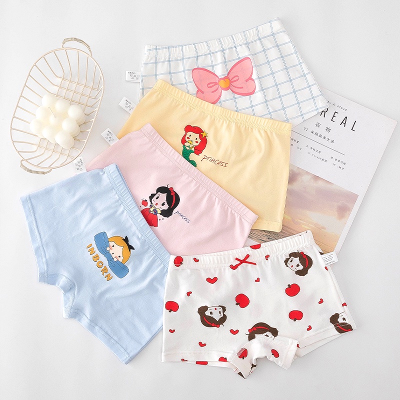 Bộ 5 Quần Lót Boxer Bằng Cotton Thoáng Khí Thoải Mái In Họa Tiết Hoạt Hình Nàng Tiên Cá Cho Bé Gái 3-12 Tuổi